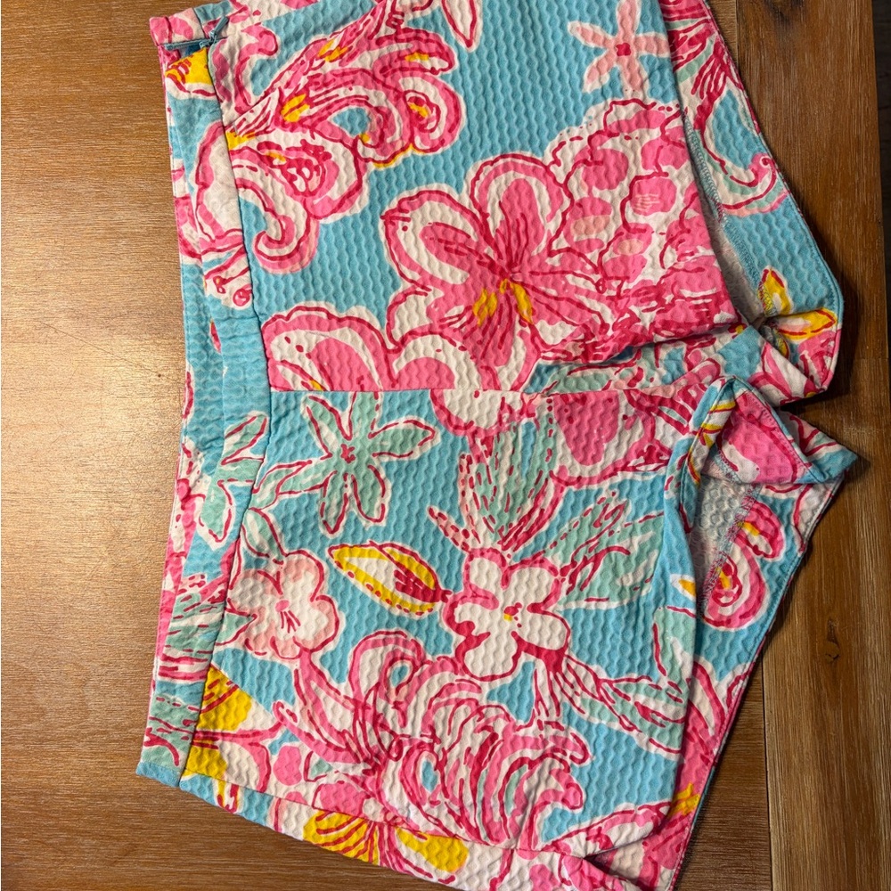 Lilly Pulitzer Pink Floral on Aqua Seersucker Shorts